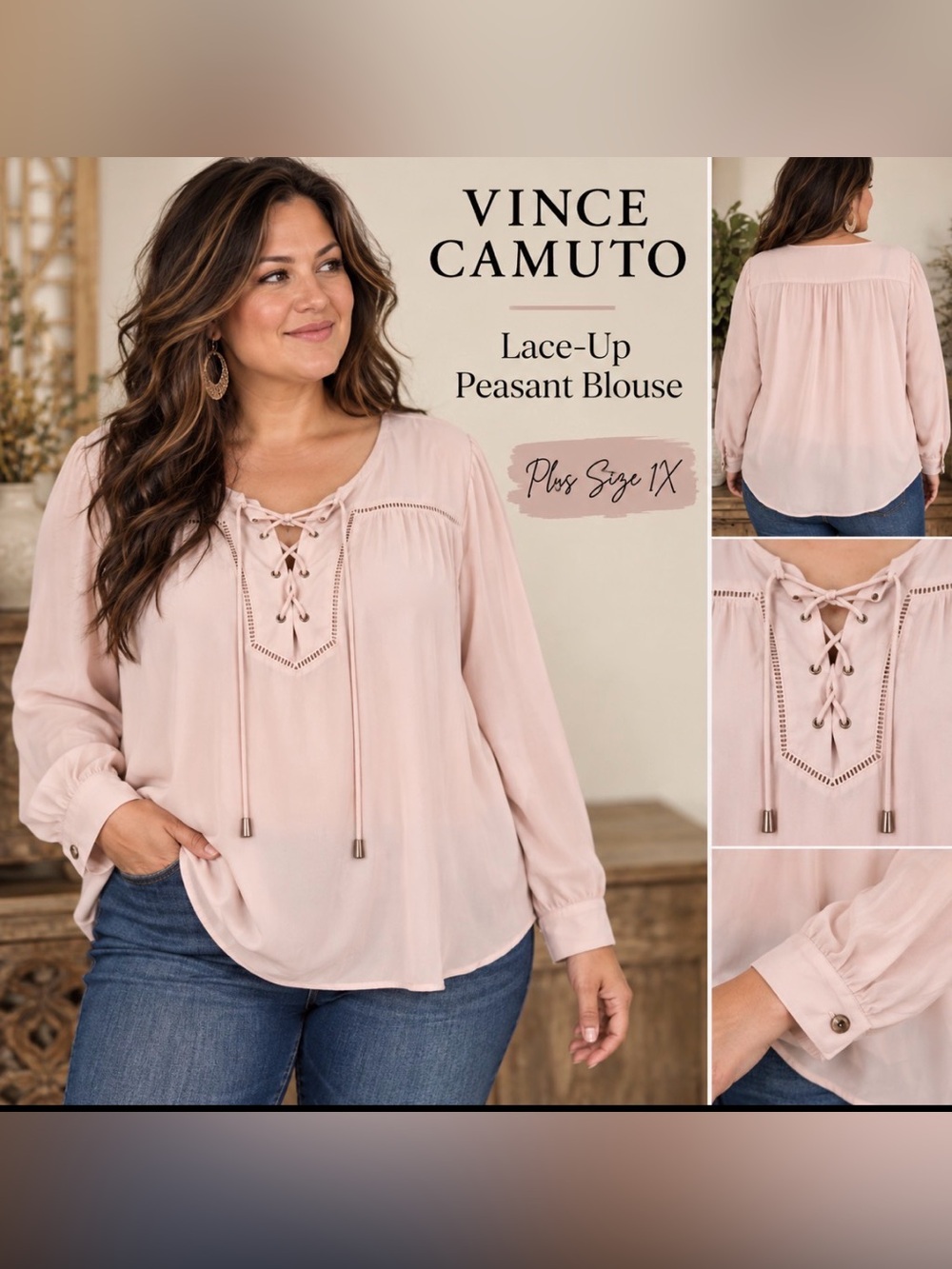 Vince Camuto Lace-Up Pale Blush Peasant Blouse
